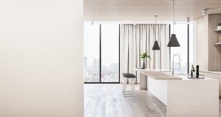 Modern wood and concrete kitchen interior with empty mock up place on wall, island, appliances and window with city view and daylight. 3D Rendering.