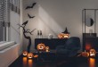 3D render Halloween party in living room  with pumpkins, jack-o-