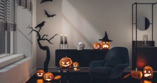 3D render Halloween party in living room  with pumpkins, jack-o-